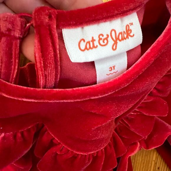 Cat & Jack red velvet long sleeve ruffle peplum dress SIZE 3T - Picture 2 of 5